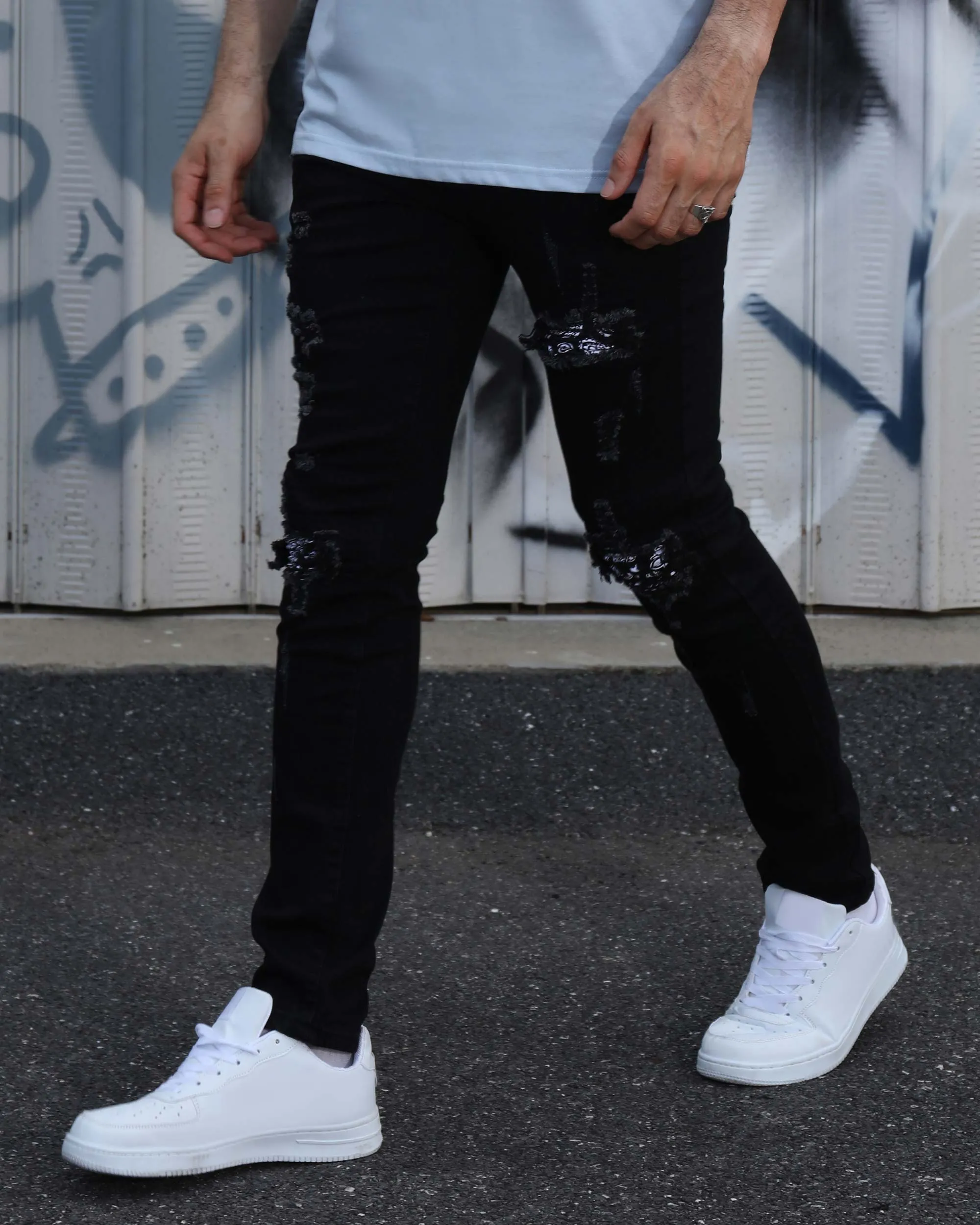Hip Hop Black Ripped Jeans with Cashew Flower Patch