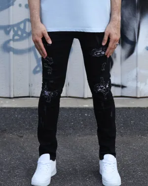 Hip Hop Black Ripped Jeans with Cashew Flower Patch
