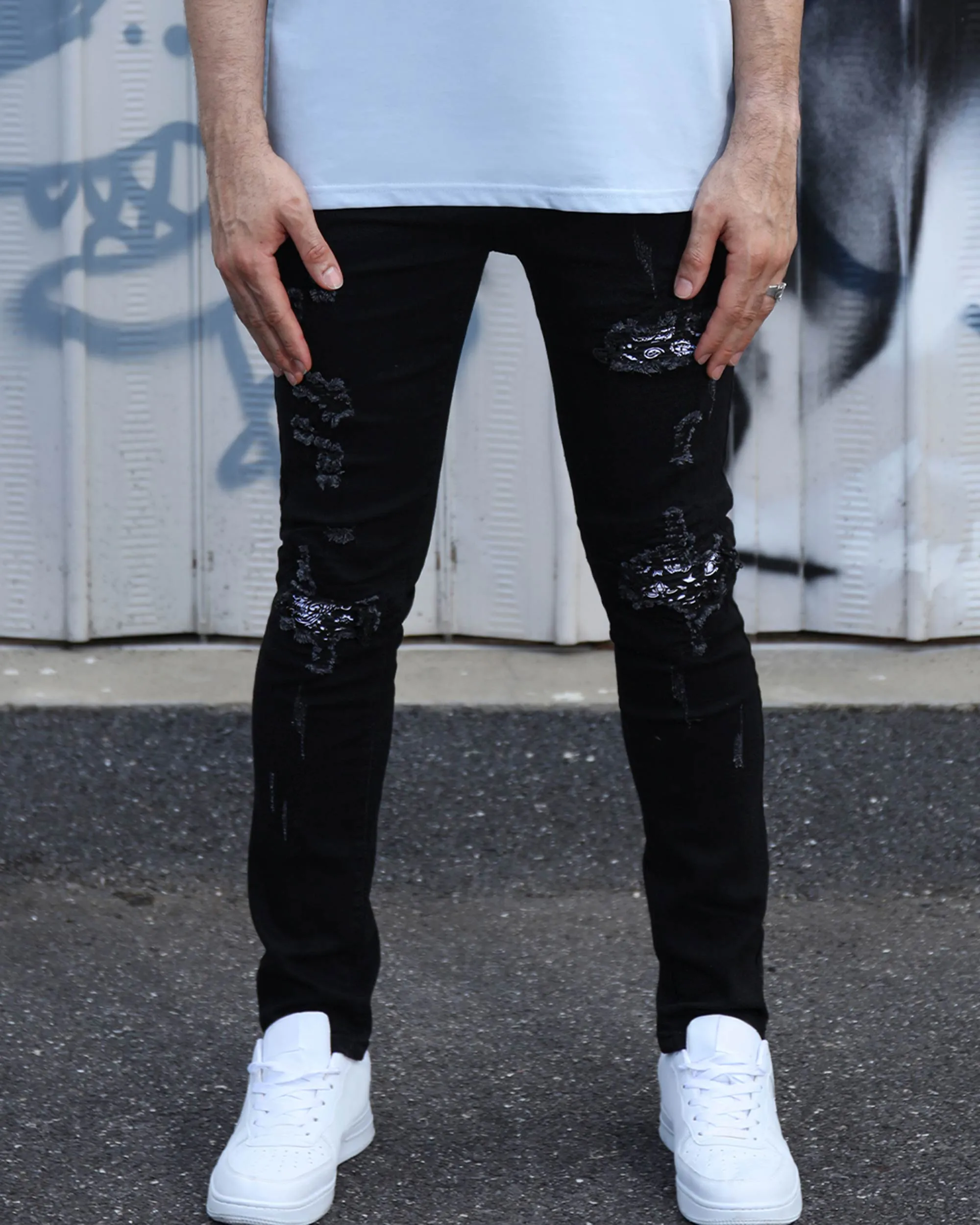 Hip Hop Black Ripped Jeans with Cashew Flower Patch
