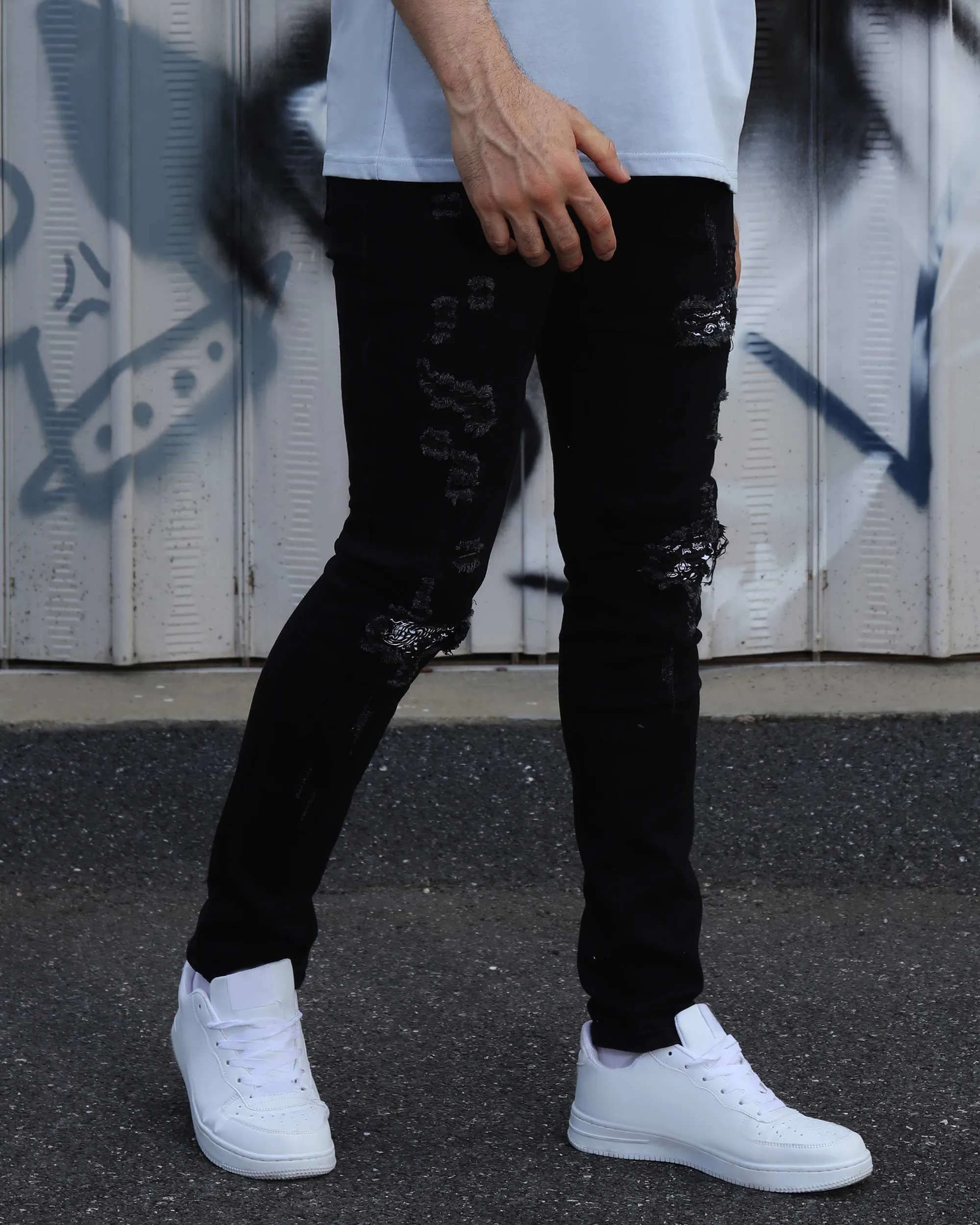 Hip Hop Black Ripped Jeans with Cashew Flower Patch