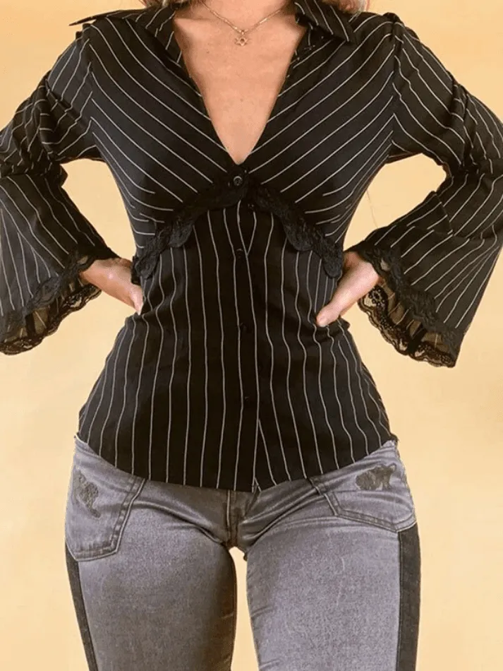 Joskaa Lace Paneled Long Sleeve Striped Blouse