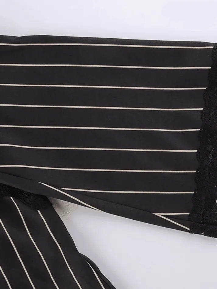 Joskaa Lace Paneled Long Sleeve Striped Blouse