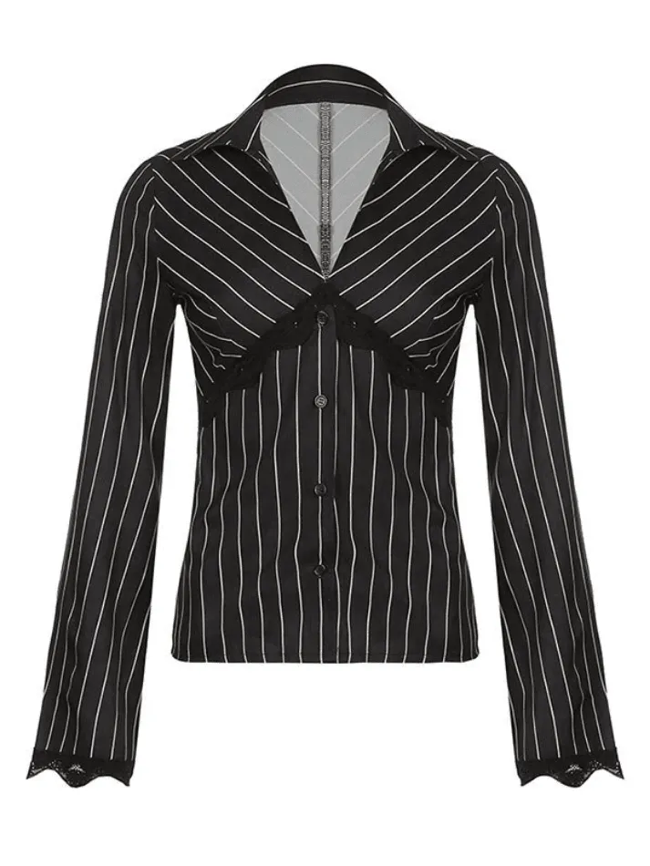 Joskaa Lace Paneled Long Sleeve Striped Blouse
