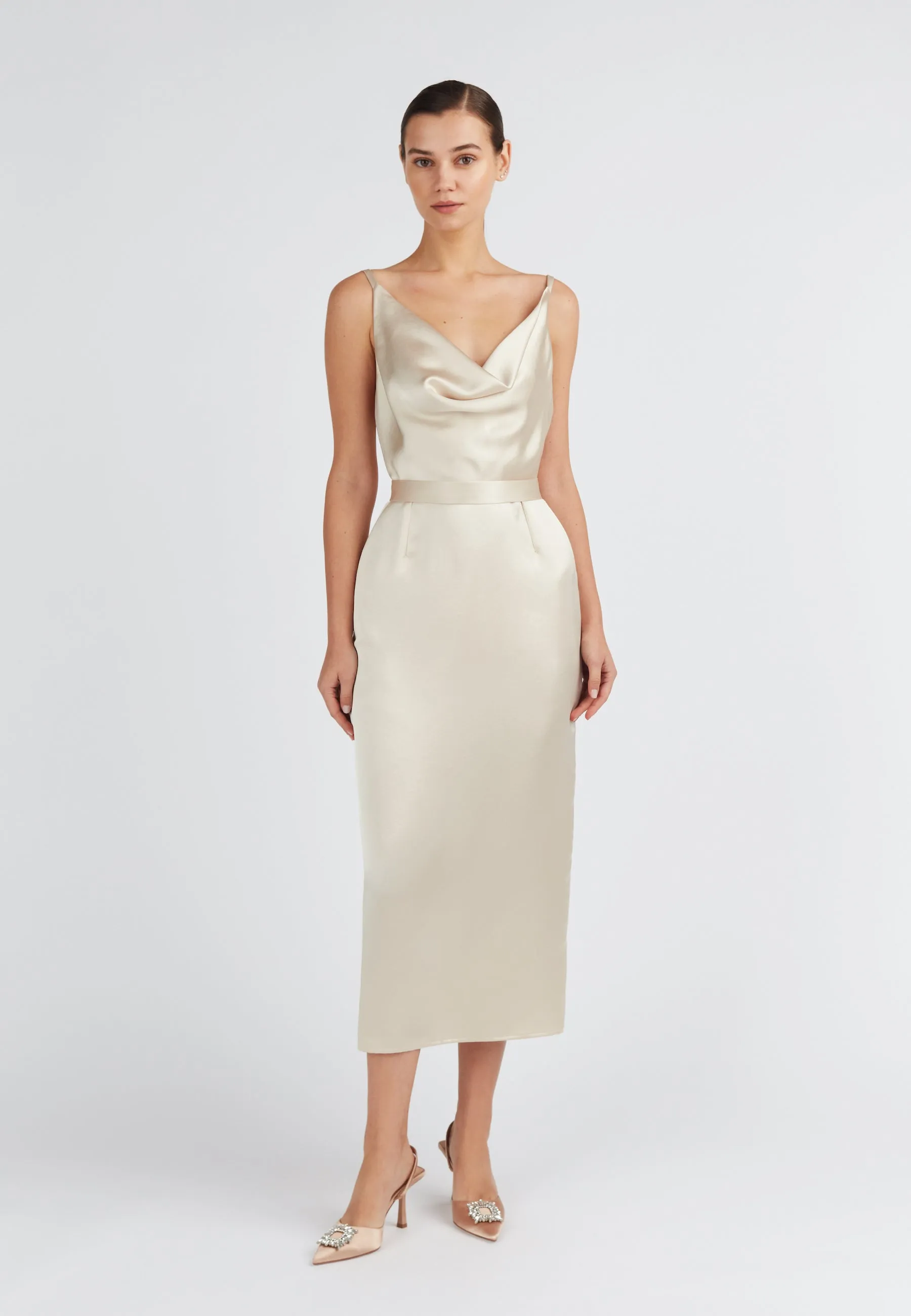 KAMEA champagne satin cocktail dress