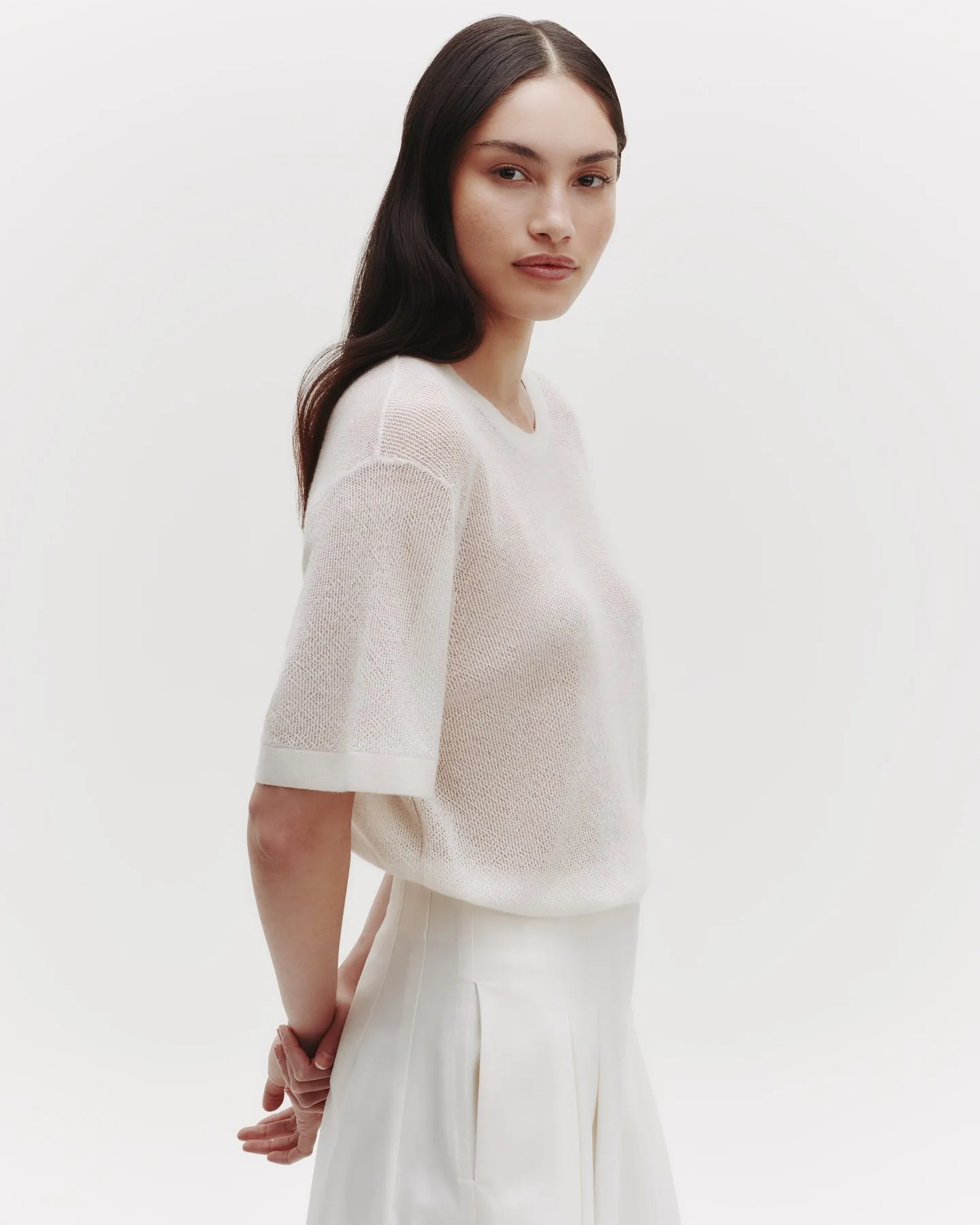 Knit Tee with Pointelle Detail in Lightweight Cashmere