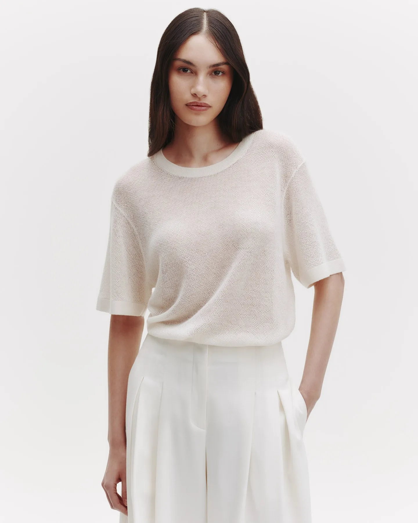 Knit Tee with Pointelle Detail in Lightweight Cashmere