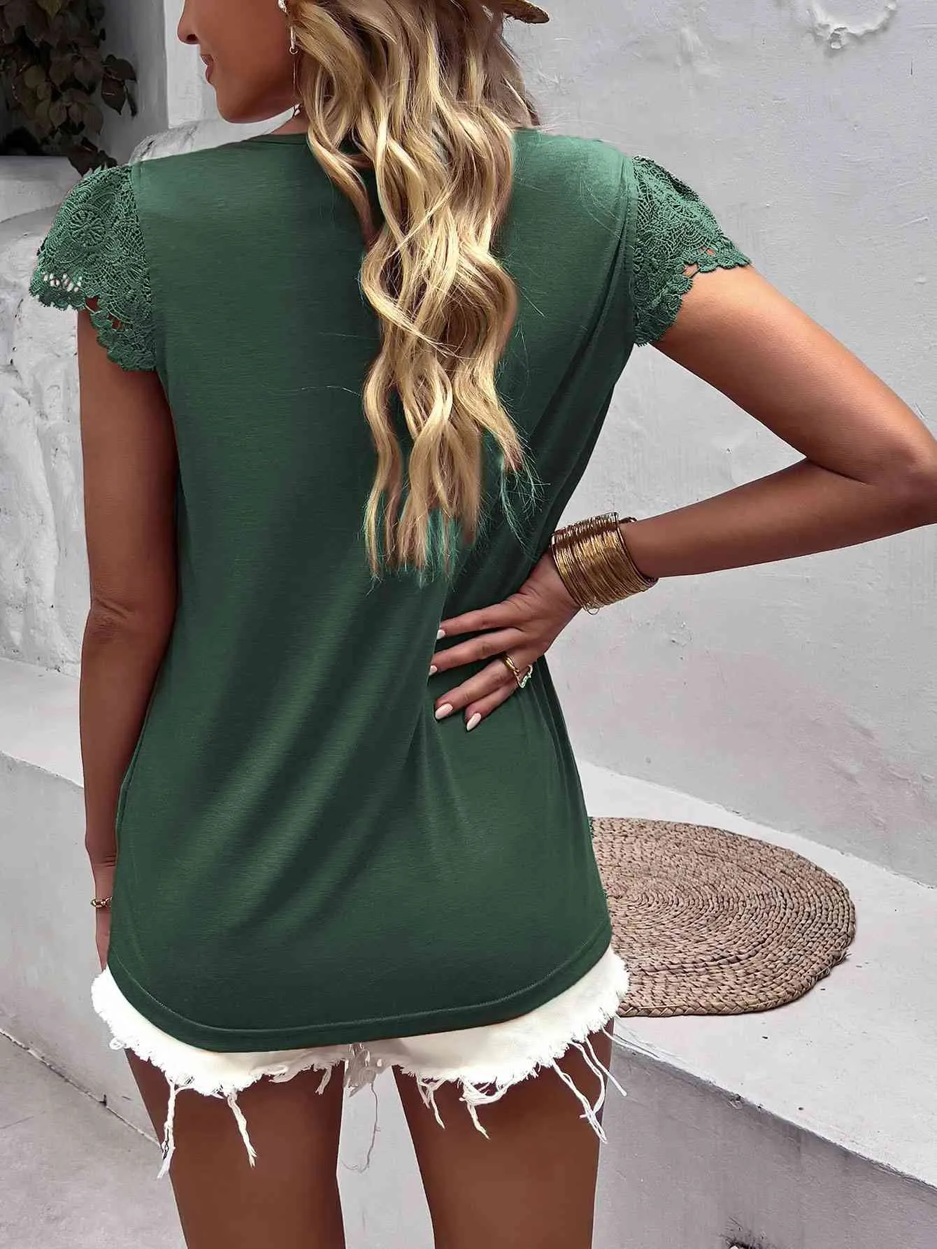 Lace Trim V-Neck Buttoned Top