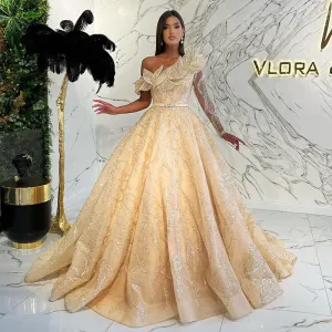 Luxury Ball Gown Gold One Shoulder Evening Dress SS359