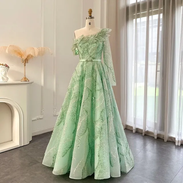 Luxury Ball Gown Gold One Shoulder Evening Dress SS359