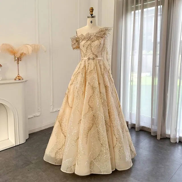 Luxury Ball Gown Gold One Shoulder Evening Dress SS359