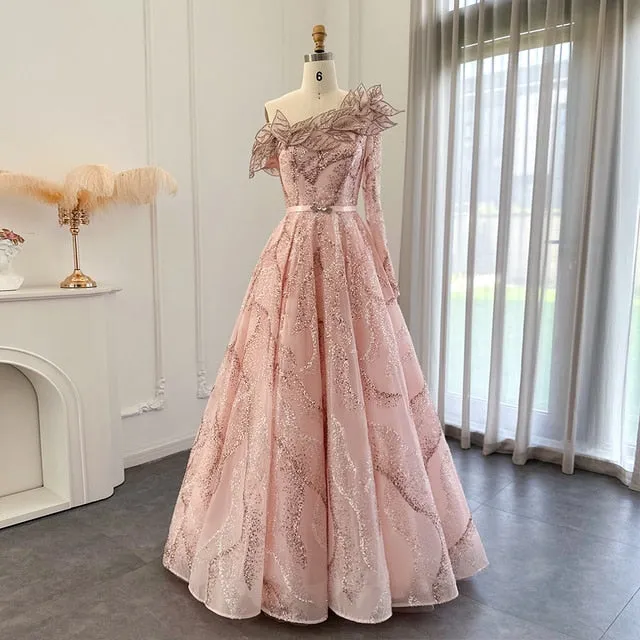 Luxury Ball Gown Gold One Shoulder Evening Dress SS359
