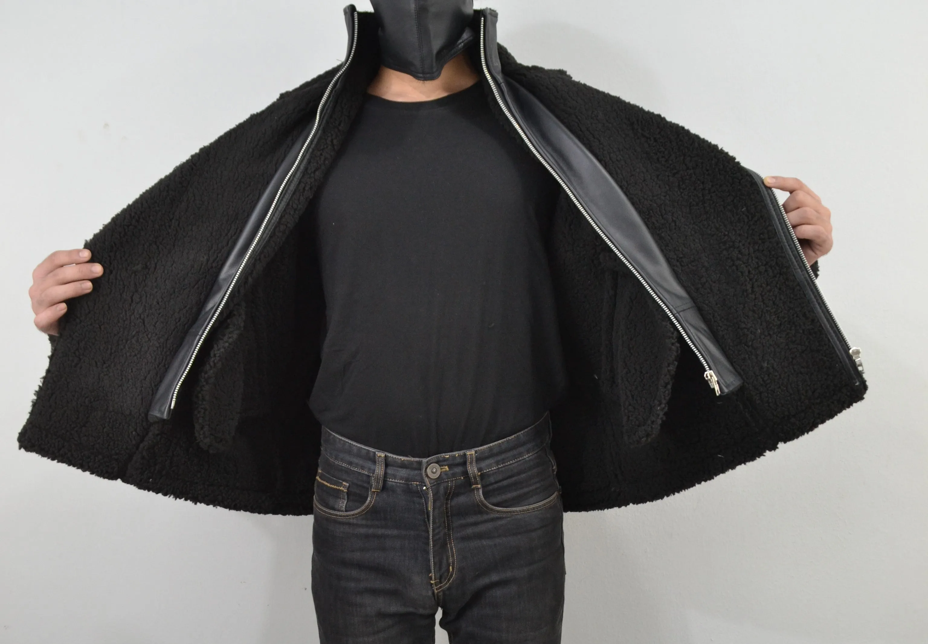 Men's Black Fur Collar Motorcycle Bomber Biker Genuine Leather Jacket