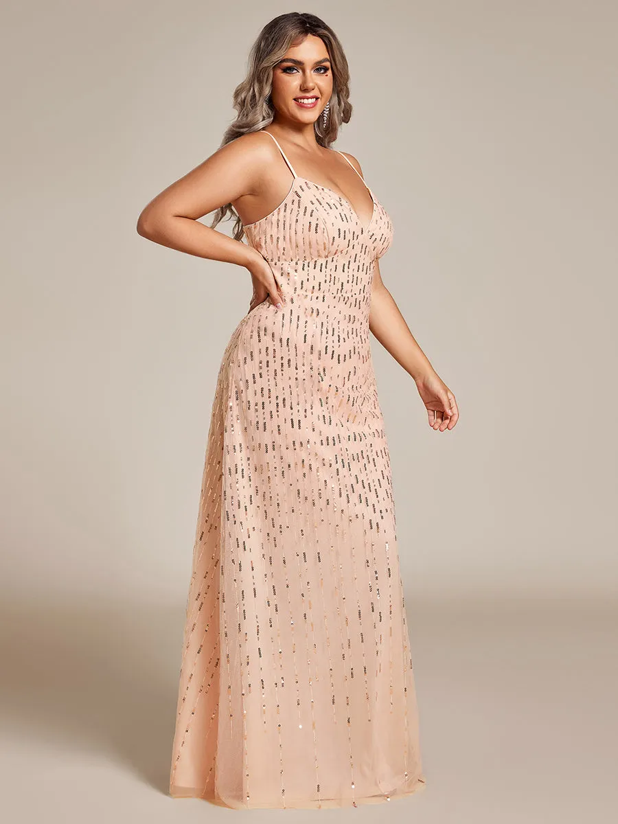 Plus Maxi Long Tulle Sequin V Neck Spaghetti Straps Bridesmaid Dress