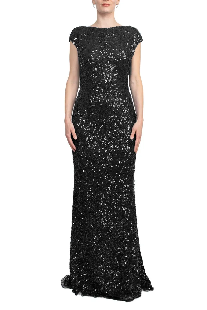 Primavera Boat Neck Cap Sleeve Cowl Back Sheath Sequined Dress