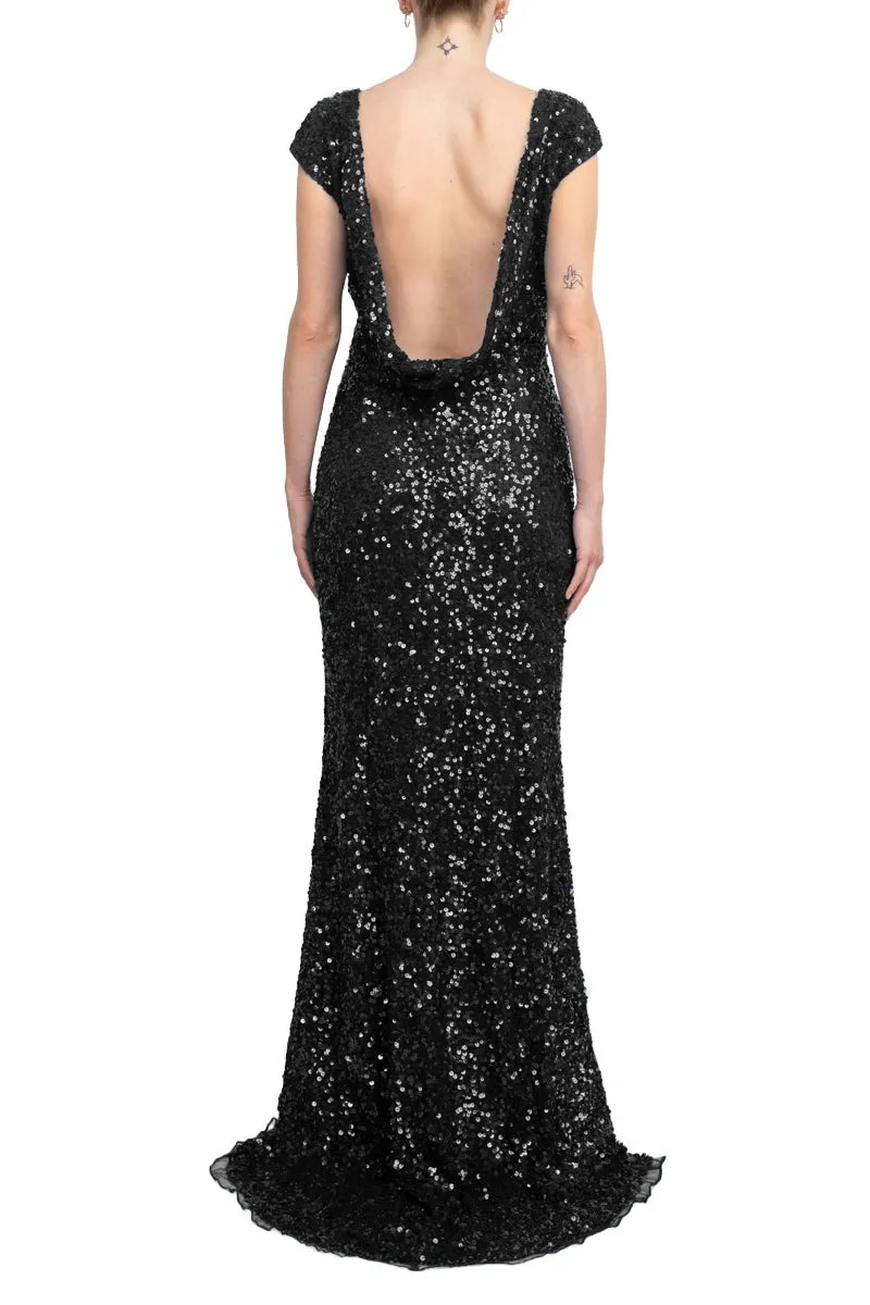 Primavera Boat Neck Cap Sleeve Cowl Back Sheath Sequined Dress