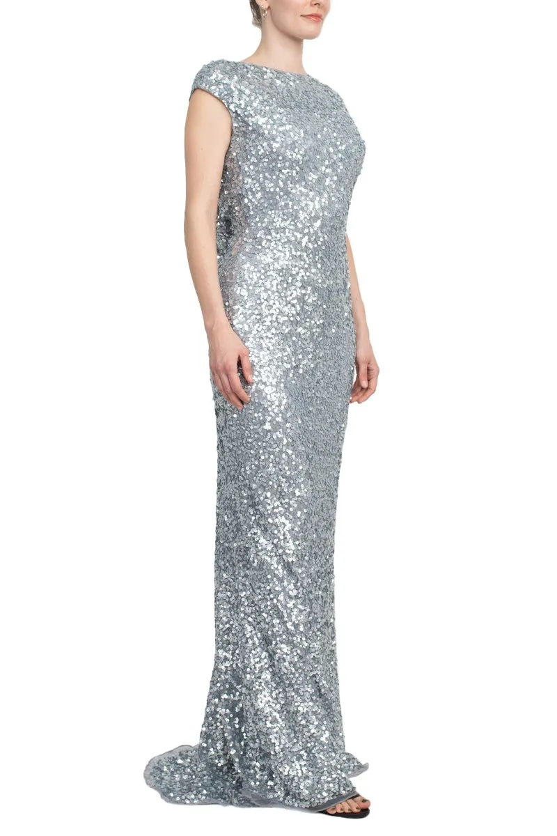 Primavera Boat Neck Cap Sleeve Cowl Back Sheath Sequined Dress