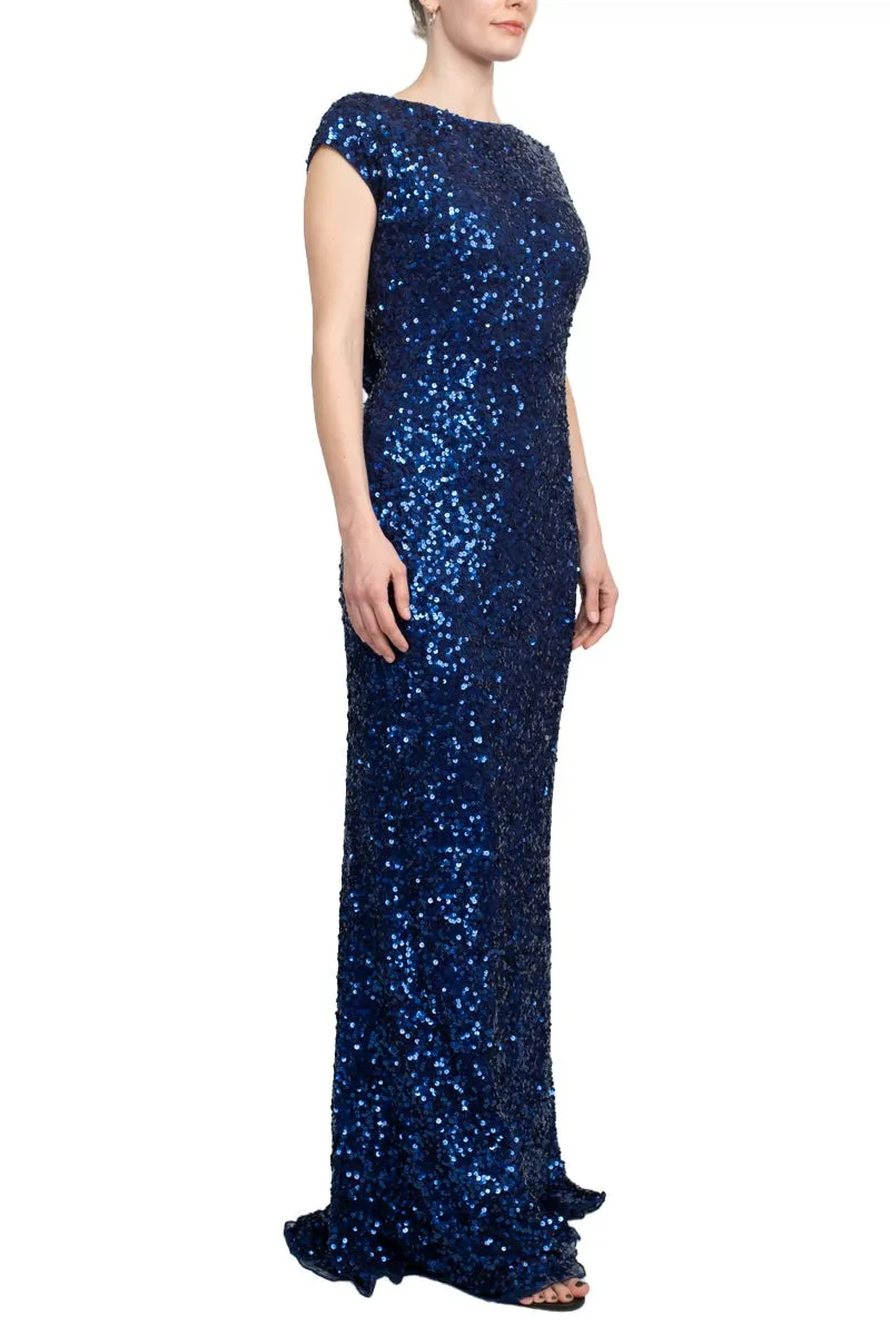 Primavera Boat Neck Cap Sleeve Cowl Back Sheath Sequined Dress