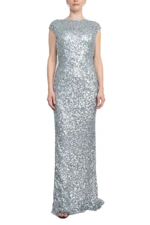 Primavera Boat Neck Cap Sleeve Cowl Back Sheath Sequined Dress