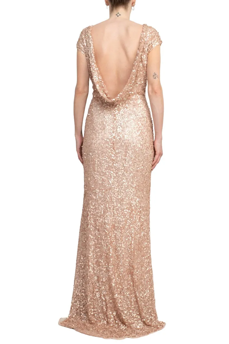 Primavera Boat Neck Cap Sleeve Cowl Back Sheath Sequined Dress
