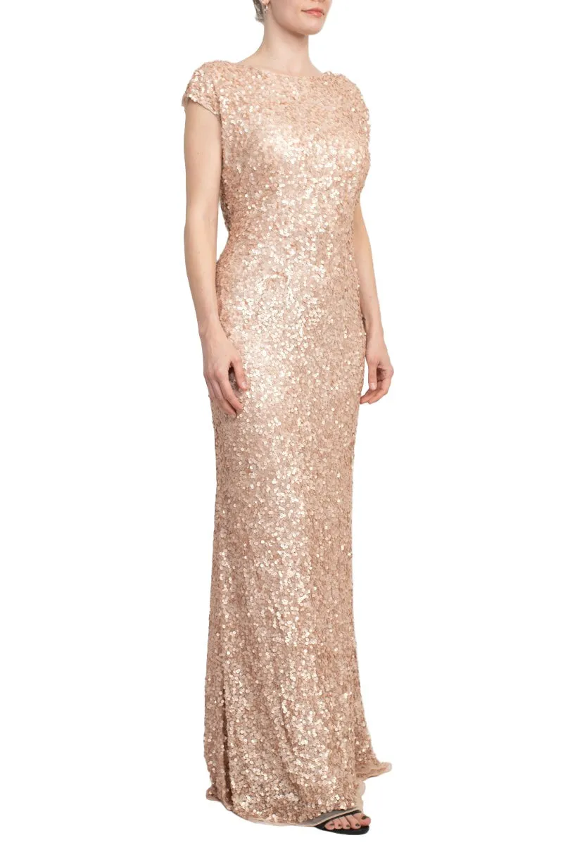 Primavera Boat Neck Cap Sleeve Cowl Back Sheath Sequined Dress