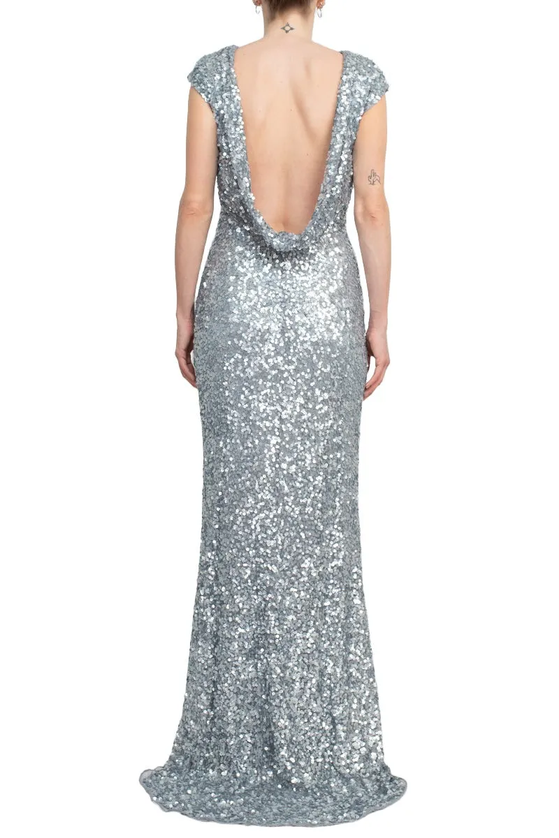 Primavera Boat Neck Cap Sleeve Cowl Back Sheath Sequined Dress