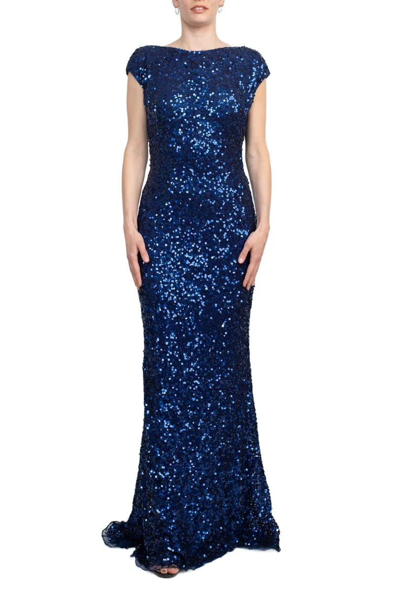 Primavera Boat Neck Cap Sleeve Cowl Back Sheath Sequined Dress