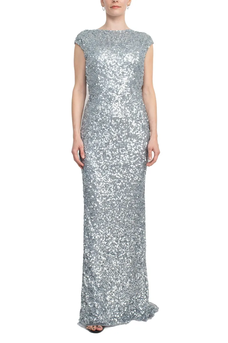 Primavera Boat Neck Cap Sleeve Cowl Back Sheath Sequined Dress