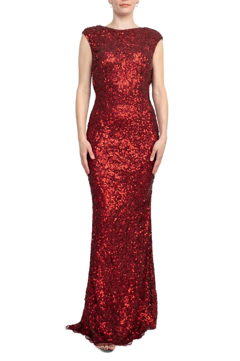 Primavera Boat Neck Cap Sleeve Cowl Back Sheath Sequined Dress