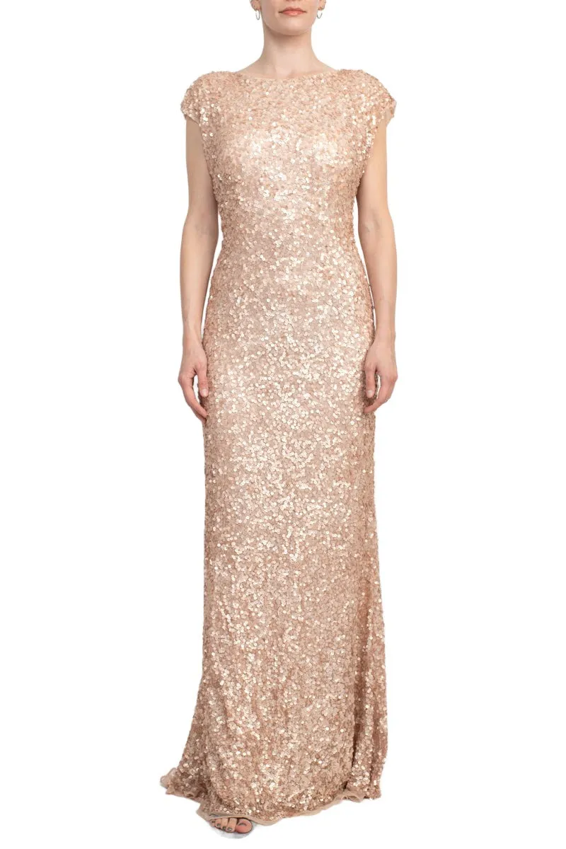 Primavera Boat Neck Cap Sleeve Cowl Back Sheath Sequined Dress