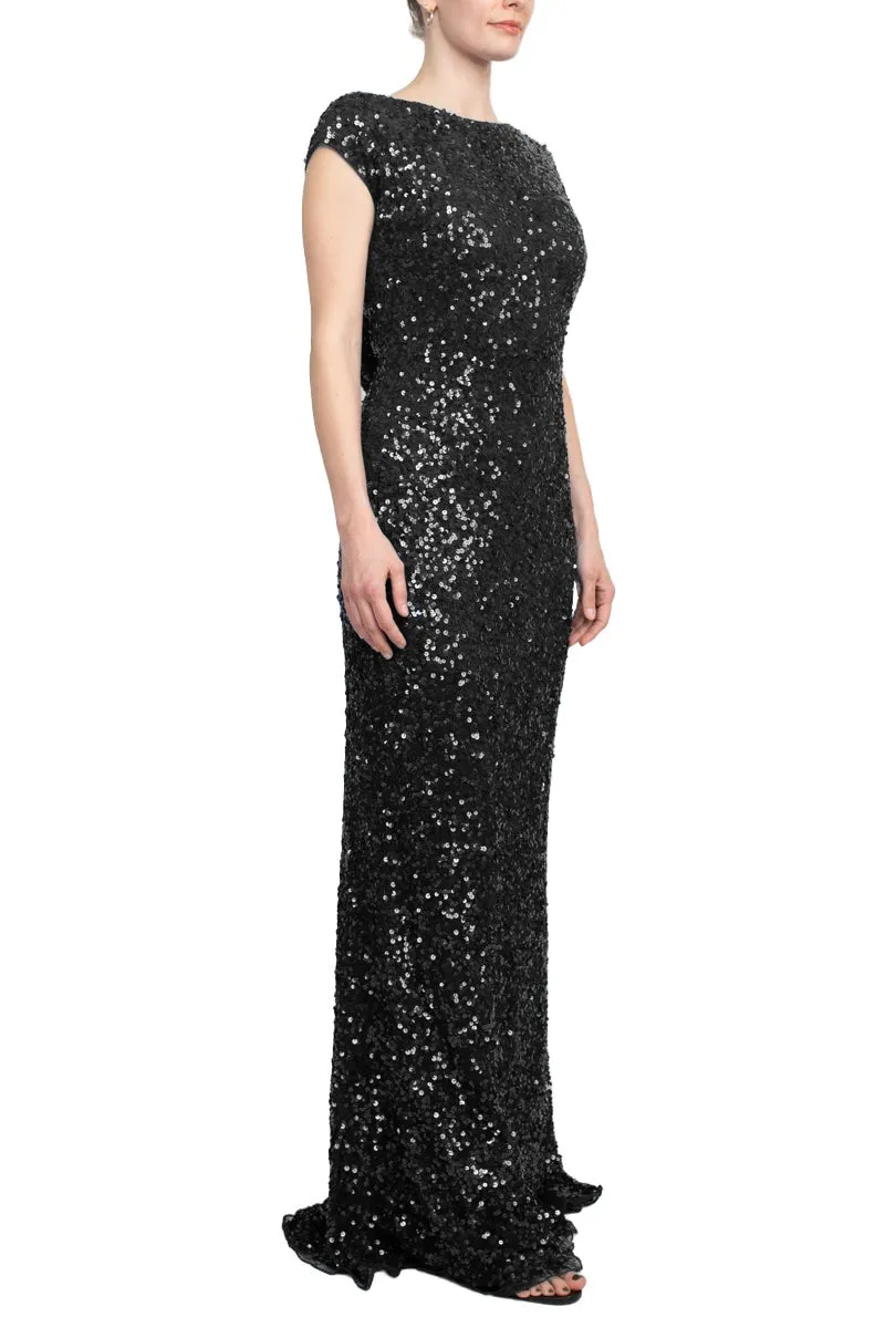 Primavera Boat Neck Cap Sleeve Cowl Back Sheath Sequined Dress