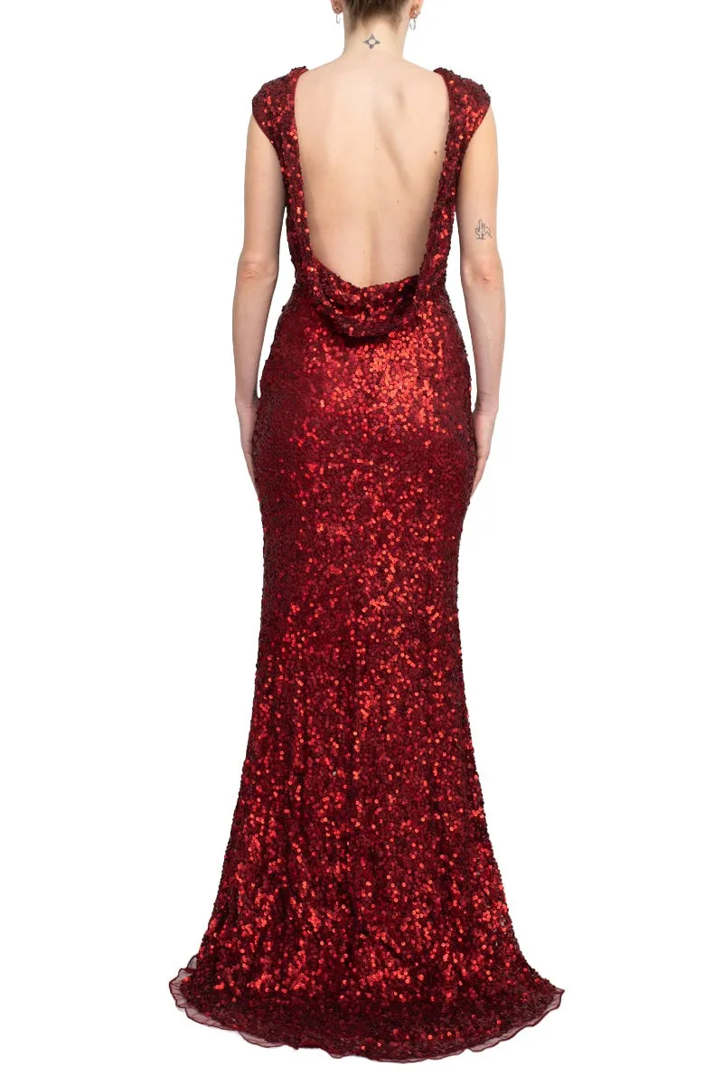 Primavera Boat Neck Cap Sleeve Cowl Back Sheath Sequined Dress