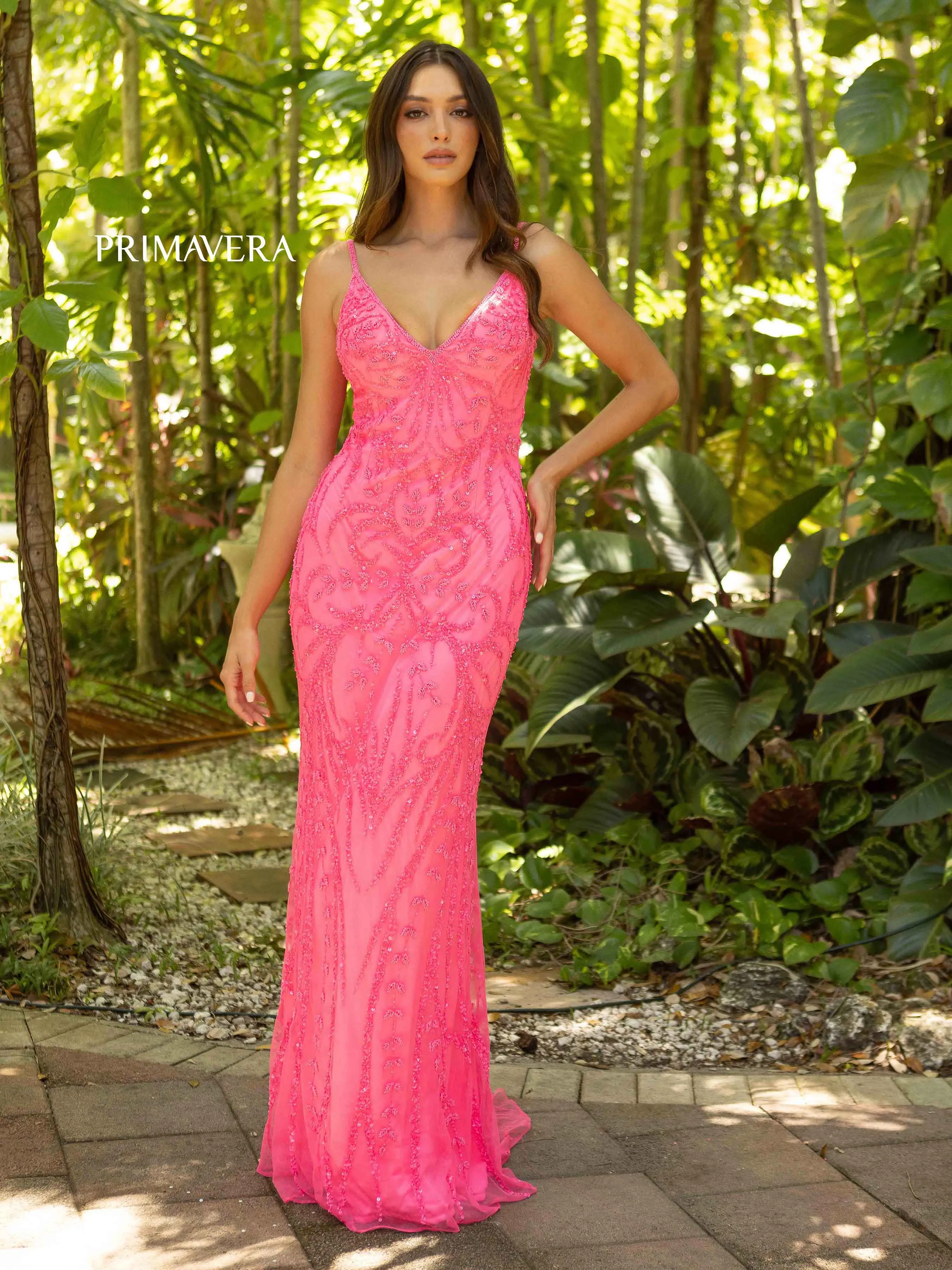 Primavera Couture 3793 Size 8 Crystal Blue Sequined Prom Dress Long V Neckline Fitted Sweeping Train