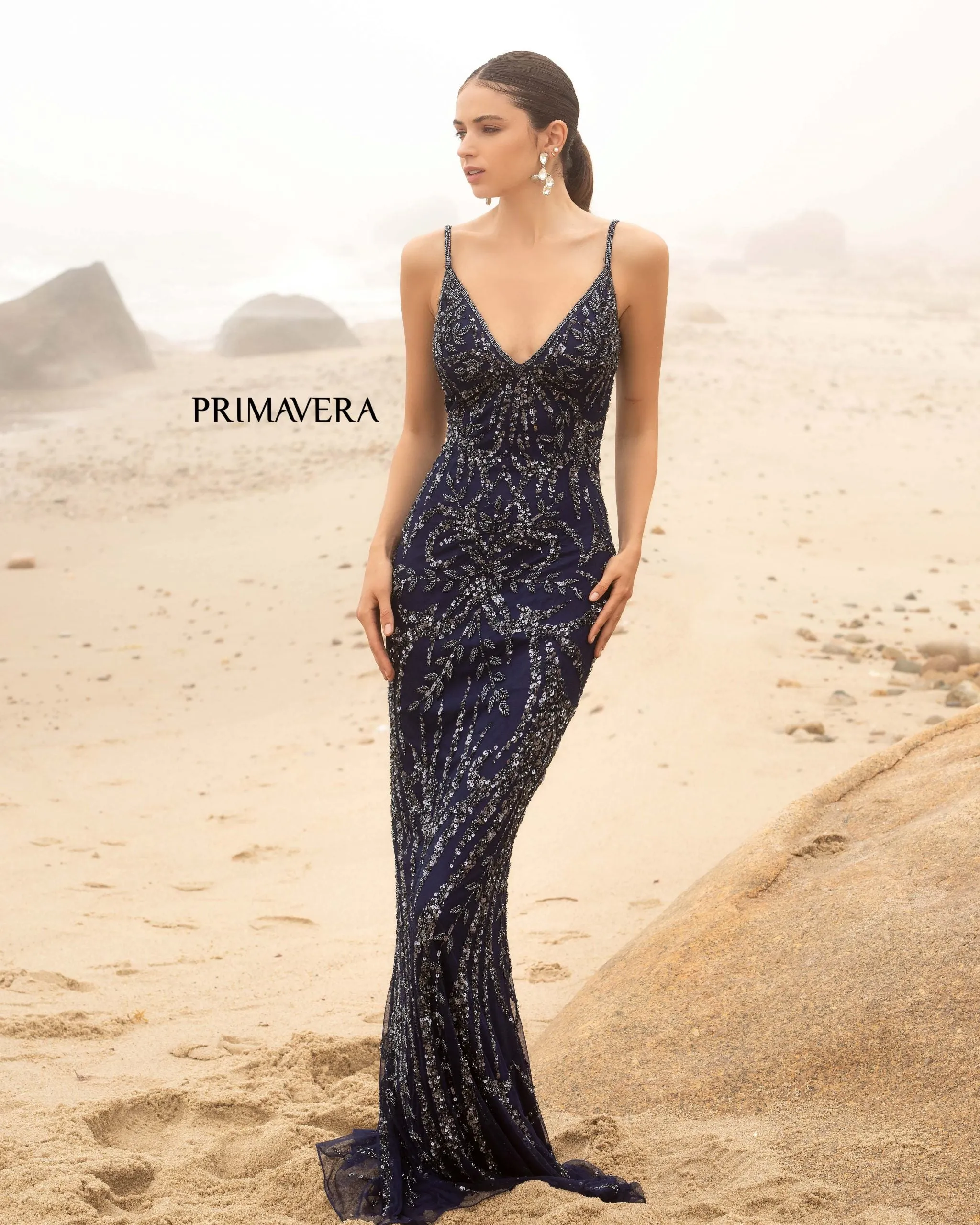 Primavera Couture 3793 Size 8 Crystal Blue Sequined Prom Dress Long V Neckline Fitted Sweeping Train