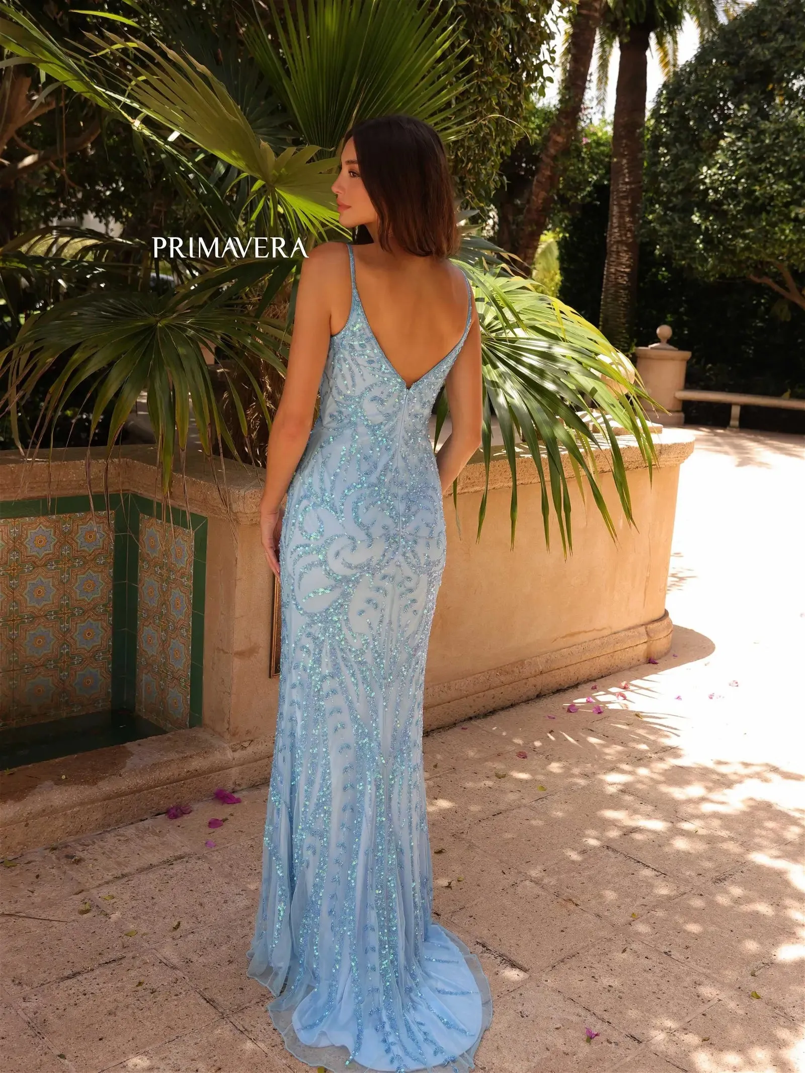 Primavera Couture 3793 Size 8 Crystal Blue Sequined Prom Dress Long V Neckline Fitted Sweeping Train