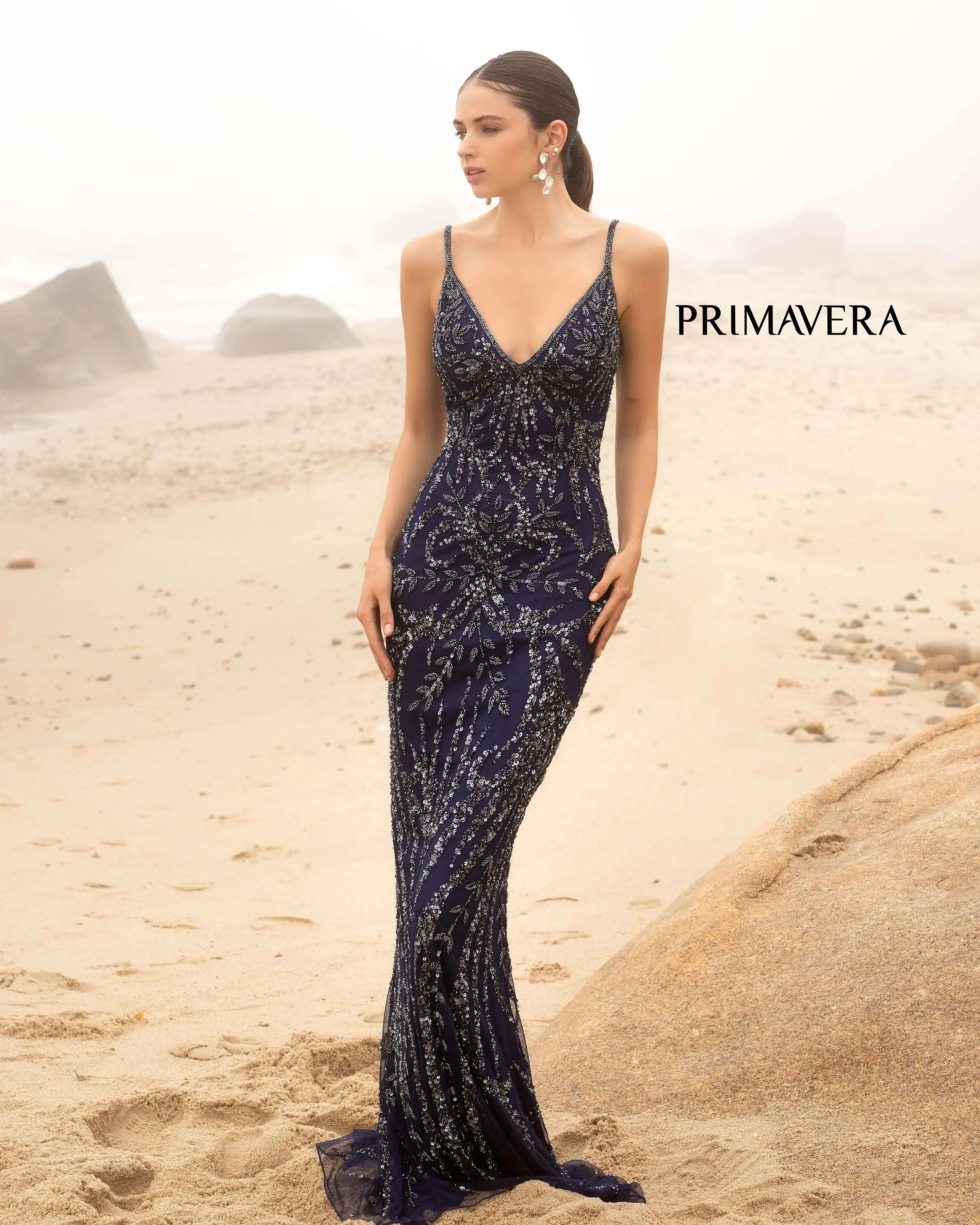 Primavera Couture 3793 Size 8 Crystal Blue Sequined Prom Dress Long V Neckline Fitted Sweeping Train