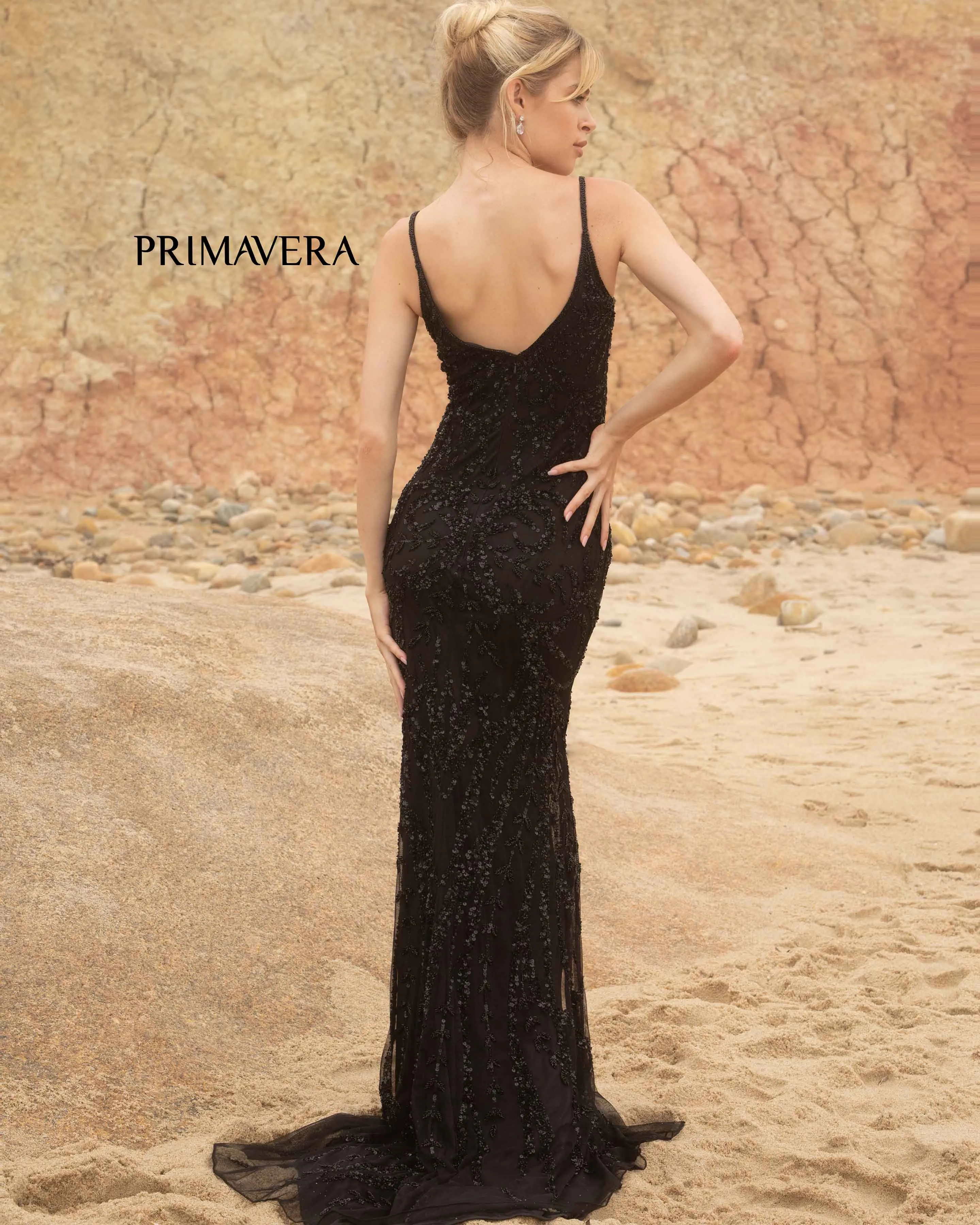Primavera Couture 3793 Size 8 Crystal Blue Sequined Prom Dress Long V Neckline Fitted Sweeping Train
