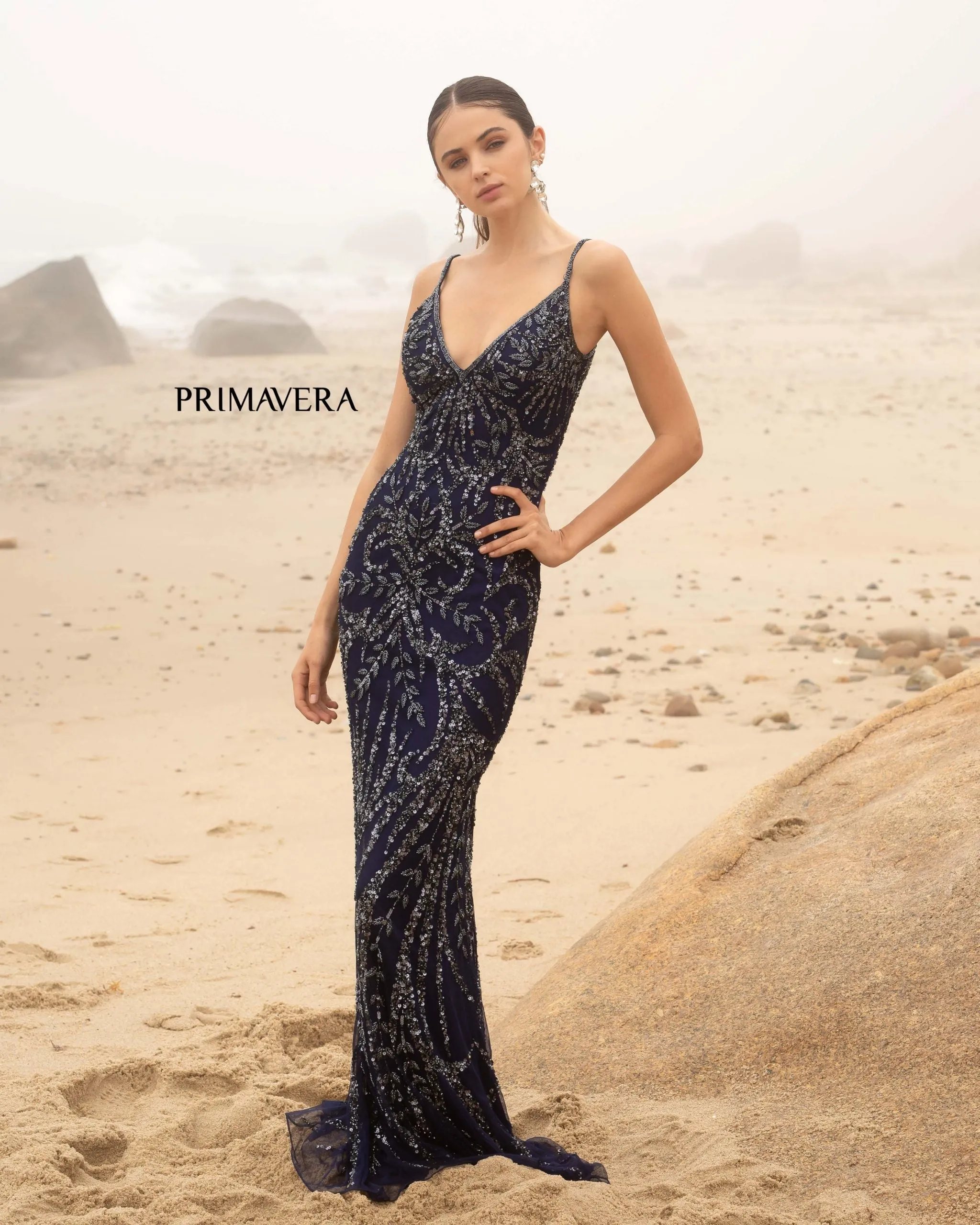 Primavera Couture 3793 Size 8 Crystal Blue Sequined Prom Dress Long V Neckline Fitted Sweeping Train