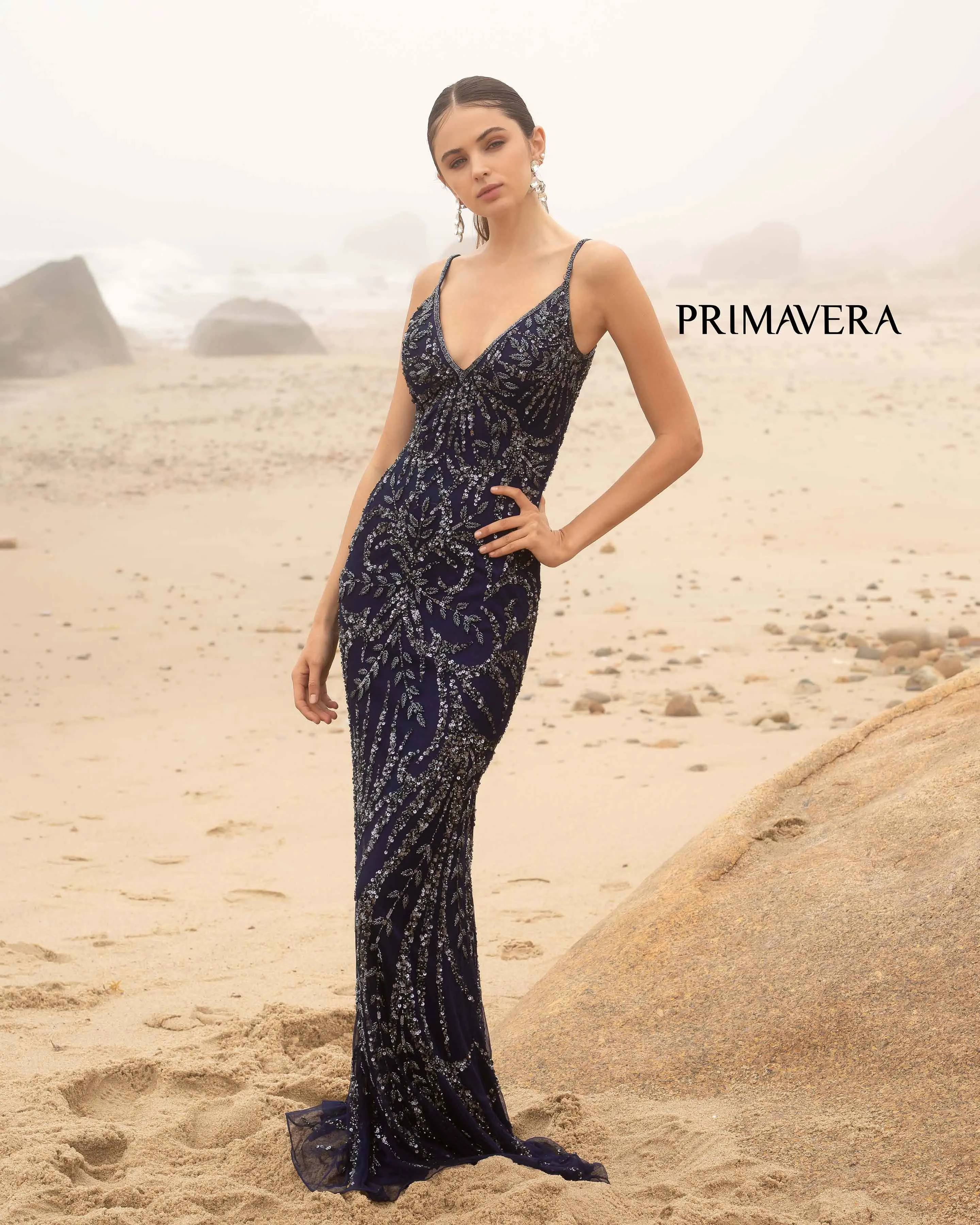 Primavera Couture 3793 Size 8 Crystal Blue Sequined Prom Dress Long V Neckline Fitted Sweeping Train