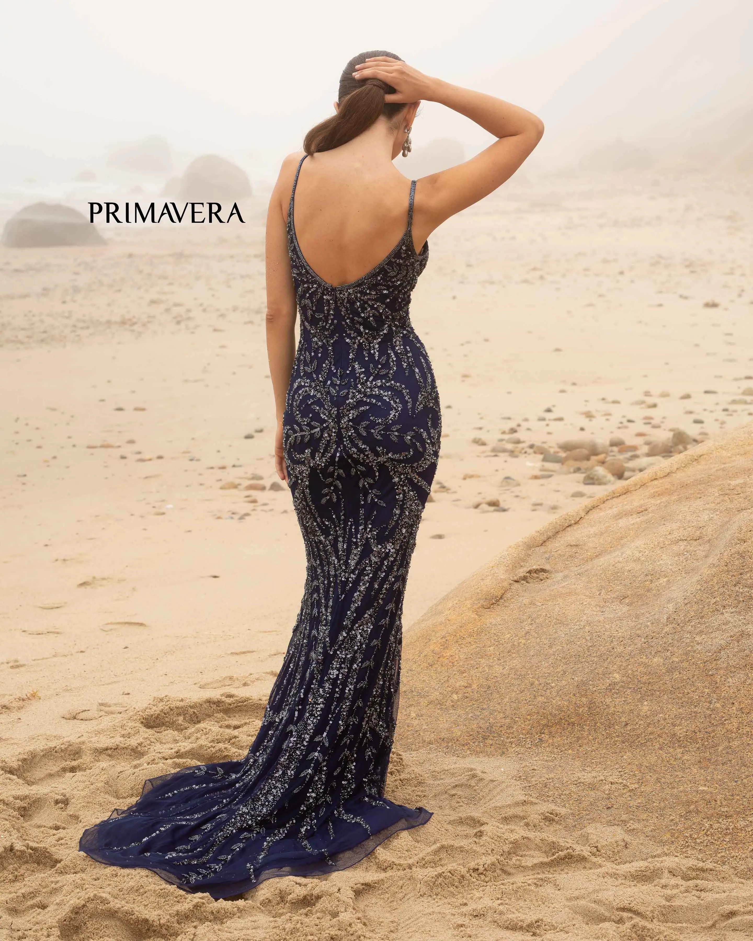 Primavera Couture 3793 Size 8 Crystal Blue Sequined Prom Dress Long V Neckline Fitted Sweeping Train