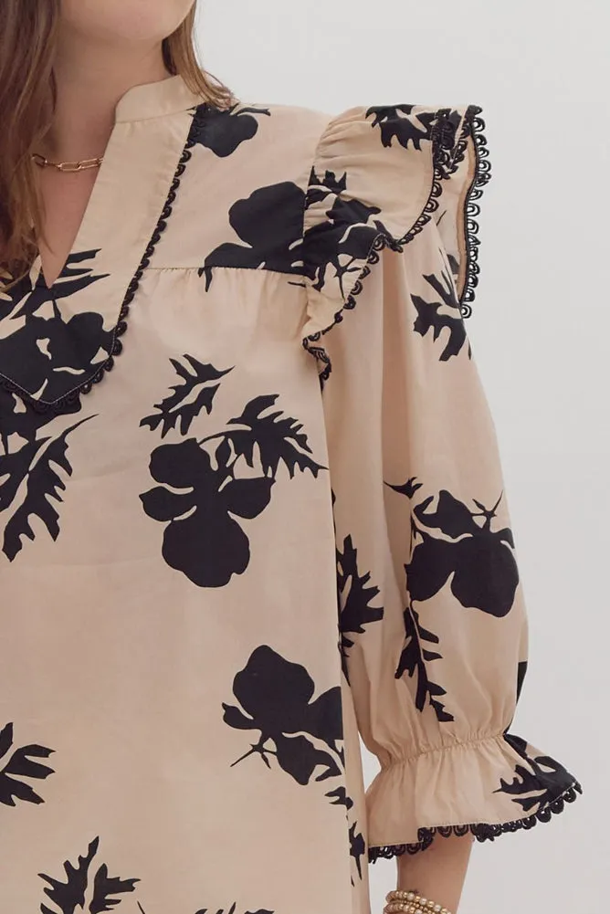 Printed 3/4 Sleeve V Neck with Ruffle Detail in Ecru by Entro