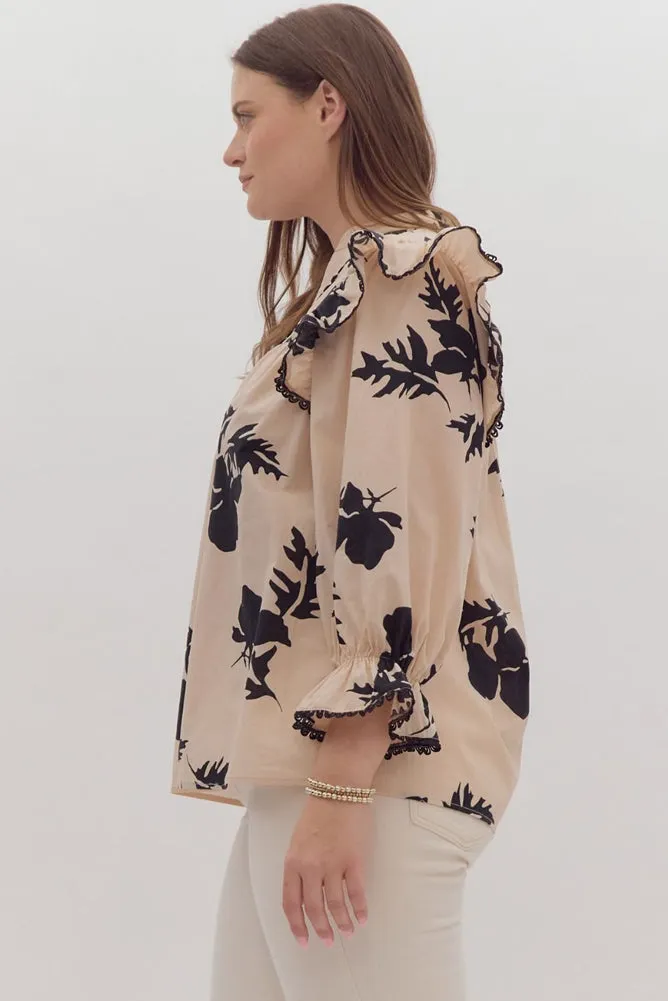 Printed 3/4 Sleeve V Neck with Ruffle Detail in Ecru by Entro