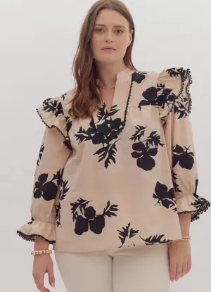 Printed 3/4 Sleeve V Neck with Ruffle Detail in Ecru by Entro
