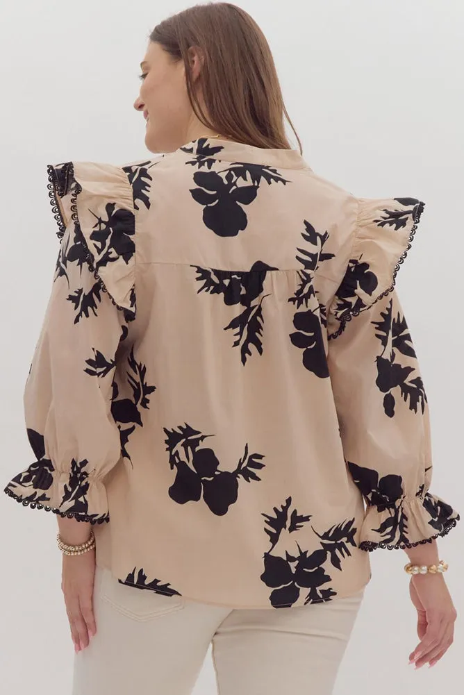 Printed 3/4 Sleeve V Neck with Ruffle Detail in Ecru by Entro
