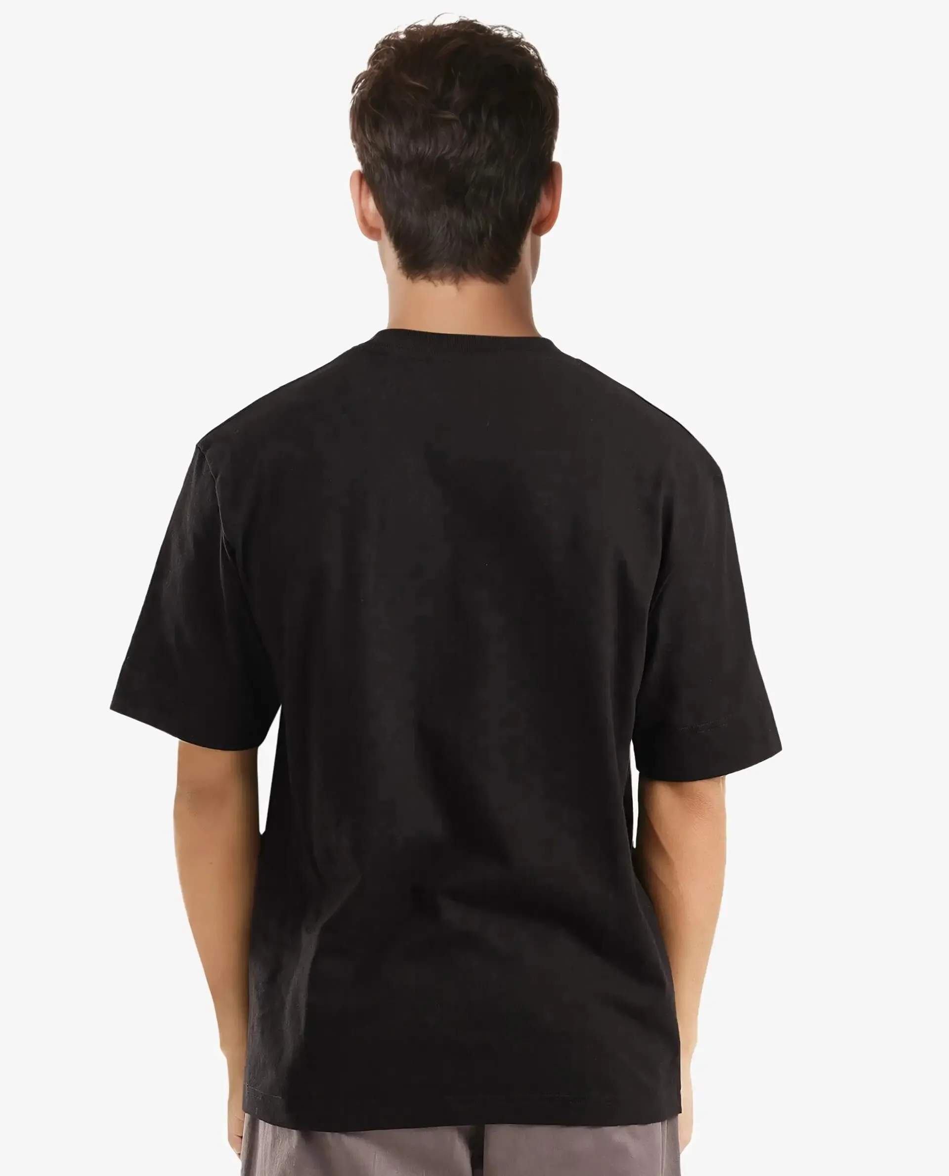 Rare Rabbit Men Lexel Black Cotton Lycra Short Sleeve Crew Neck Oversized Fit Stud Logo T-Shirt