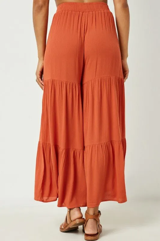 Rust Wide Leg Tiered Palazzo Pants