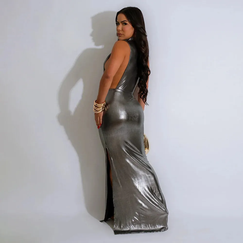 Sania Shiny Metallic Women's Ruched Cocktail Evening Maxi Long Dresses