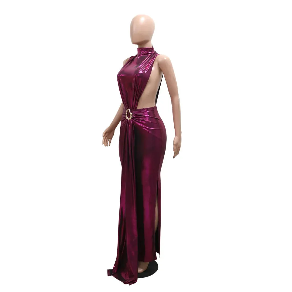 Sania Shiny Metallic Women's Ruched Cocktail Evening Maxi Long Dresses