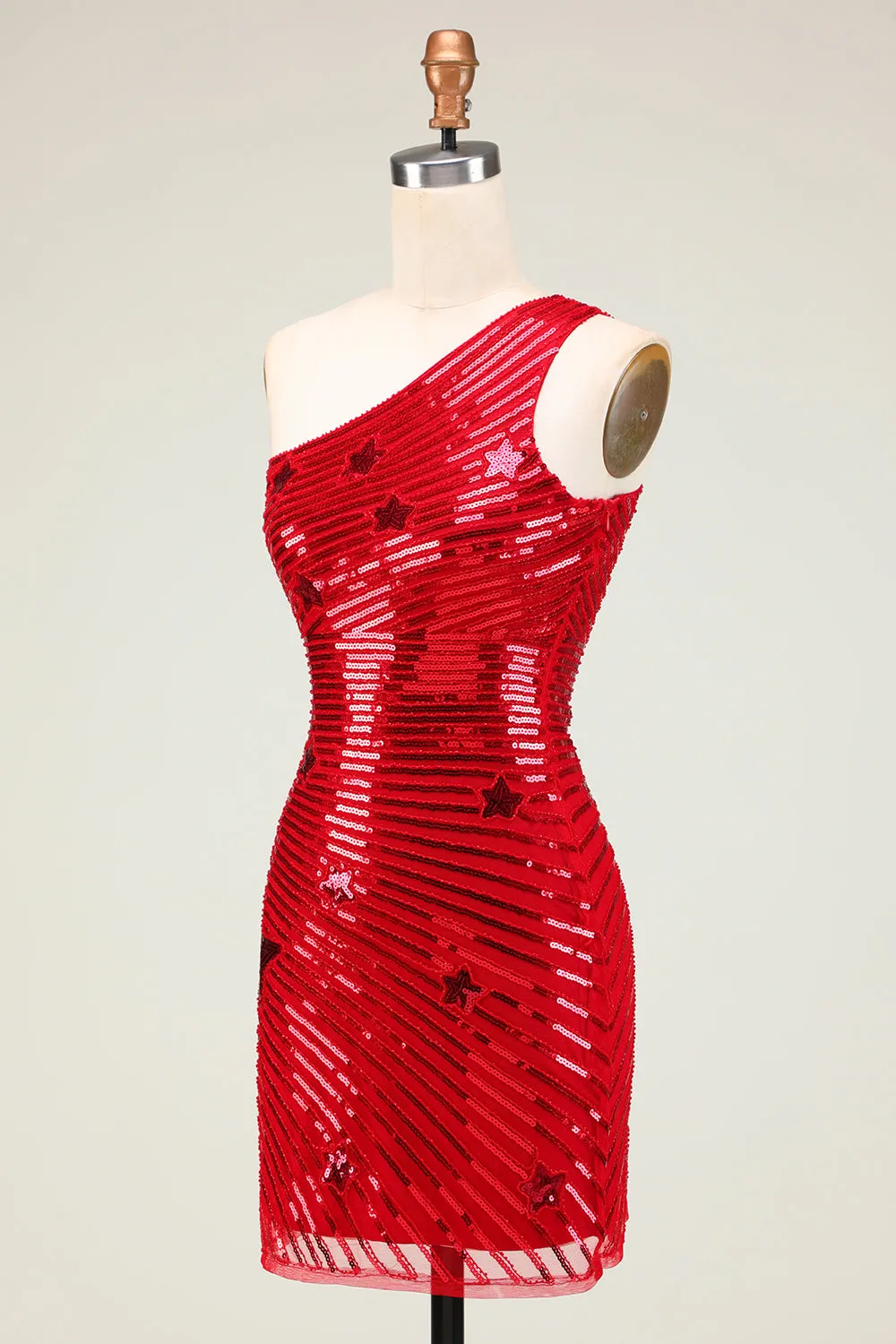 Sparkly Red Sheath One Shoulder Sequins Short Homecoming Dress with Star
