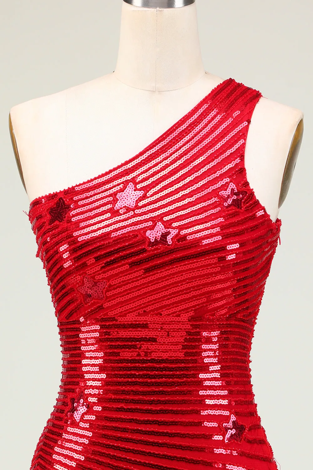 Sparkly Red Sheath One Shoulder Sequins Short Homecoming Dress with Star