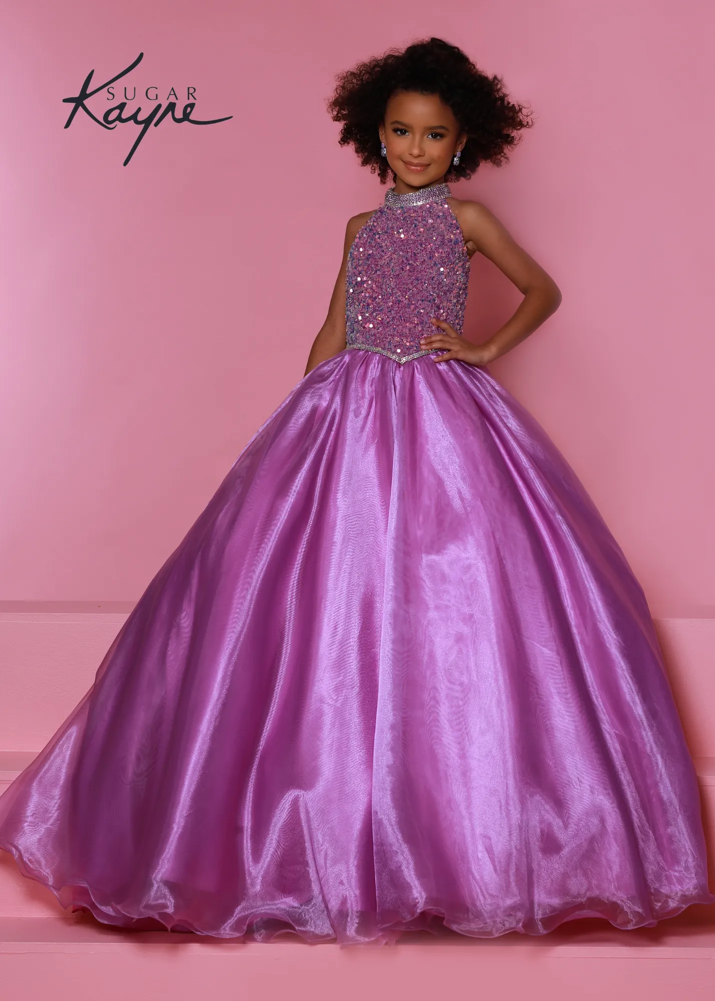 Sugar Kayne C302 Sequin velvet girls ballgown shimmer pageant dress high neck